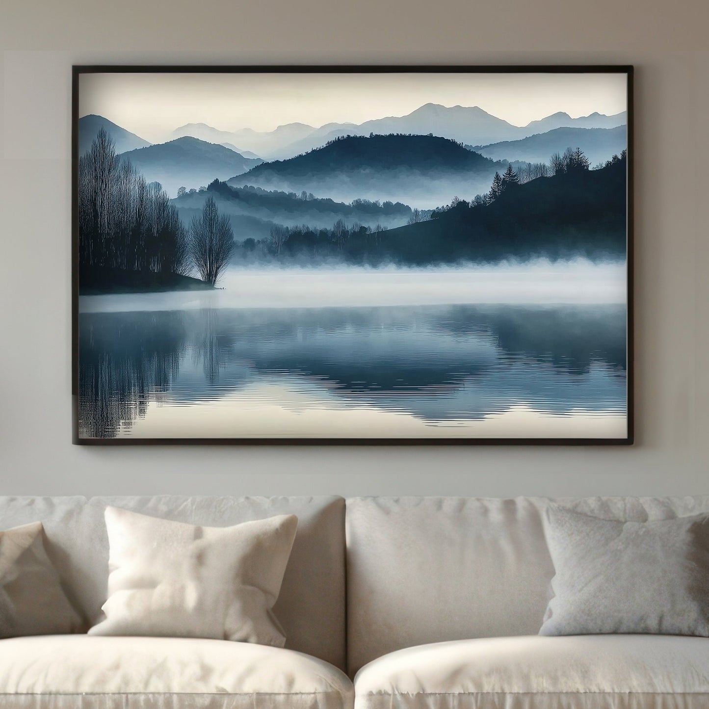 A serene landscape capturing misty mountains mirrored in still waters. Perfect for modern decor. canvas wall art abstract portrait