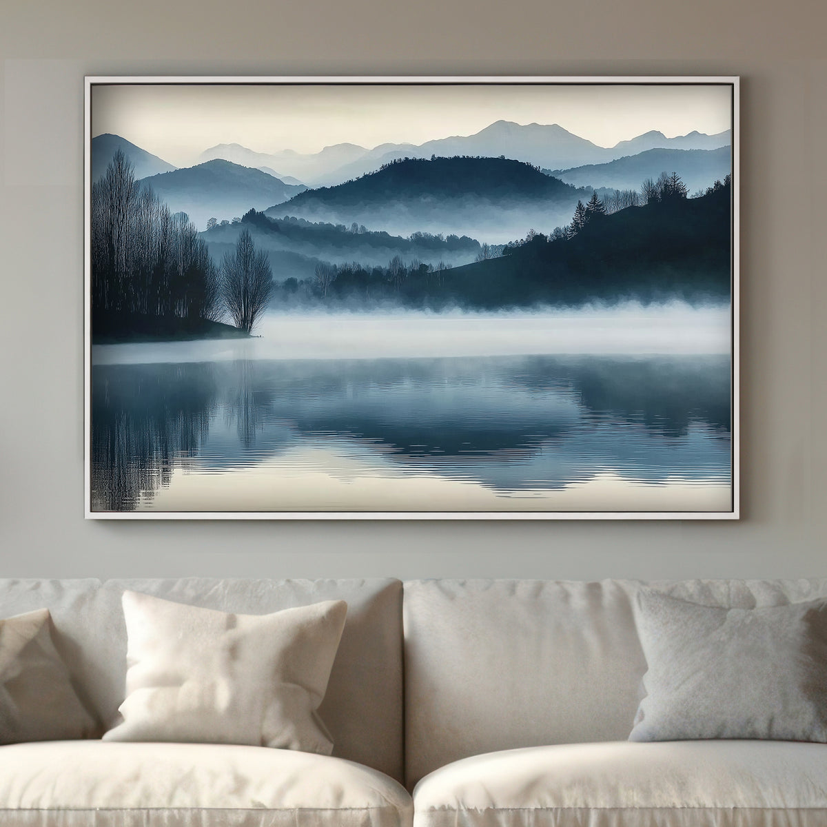 A serene landscape capturing misty mountains mirrored in still waters. Perfect for modern decor. canvas wall art abstract portrait