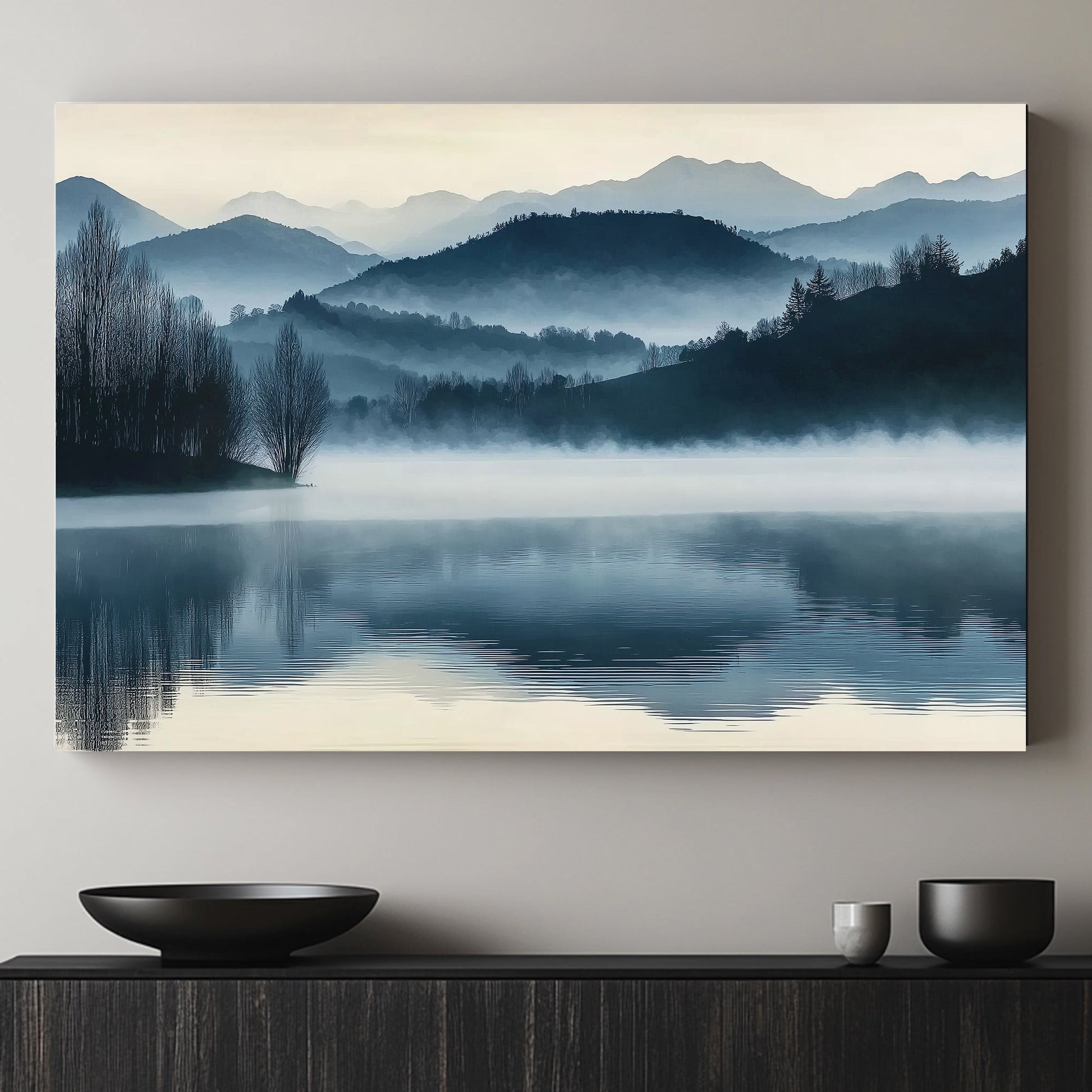 A serene landscape capturing misty mountains mirrored in still waters. Perfect for modern decor. canvas wall art abstract portrait