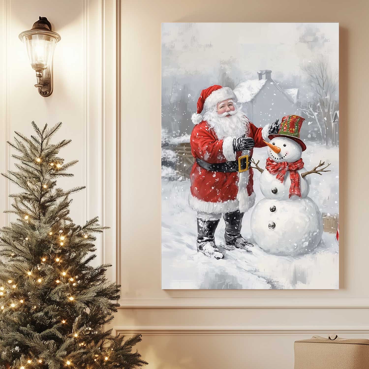 Santa Claus adjusting a snowman’s festive hat on a snowy winter day.