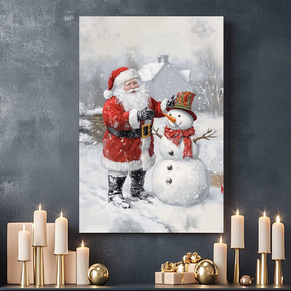 Santa Claus adjusting a snowman’s festive hat on a snowy winter day.