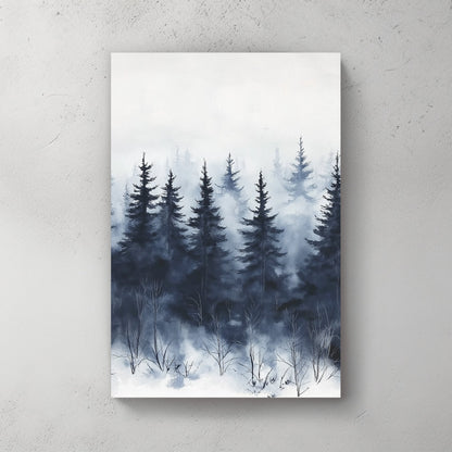 Misty pine forest in a snowy winter landscape, painted in watercolour.