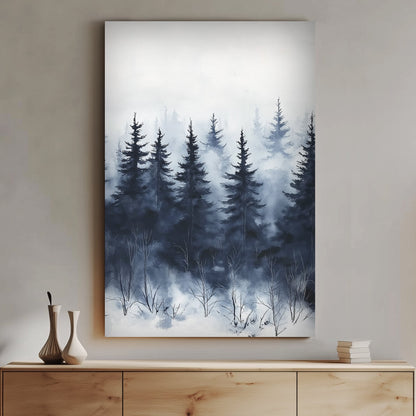 Misty pine forest in a snowy winter landscape, painted in watercolour.