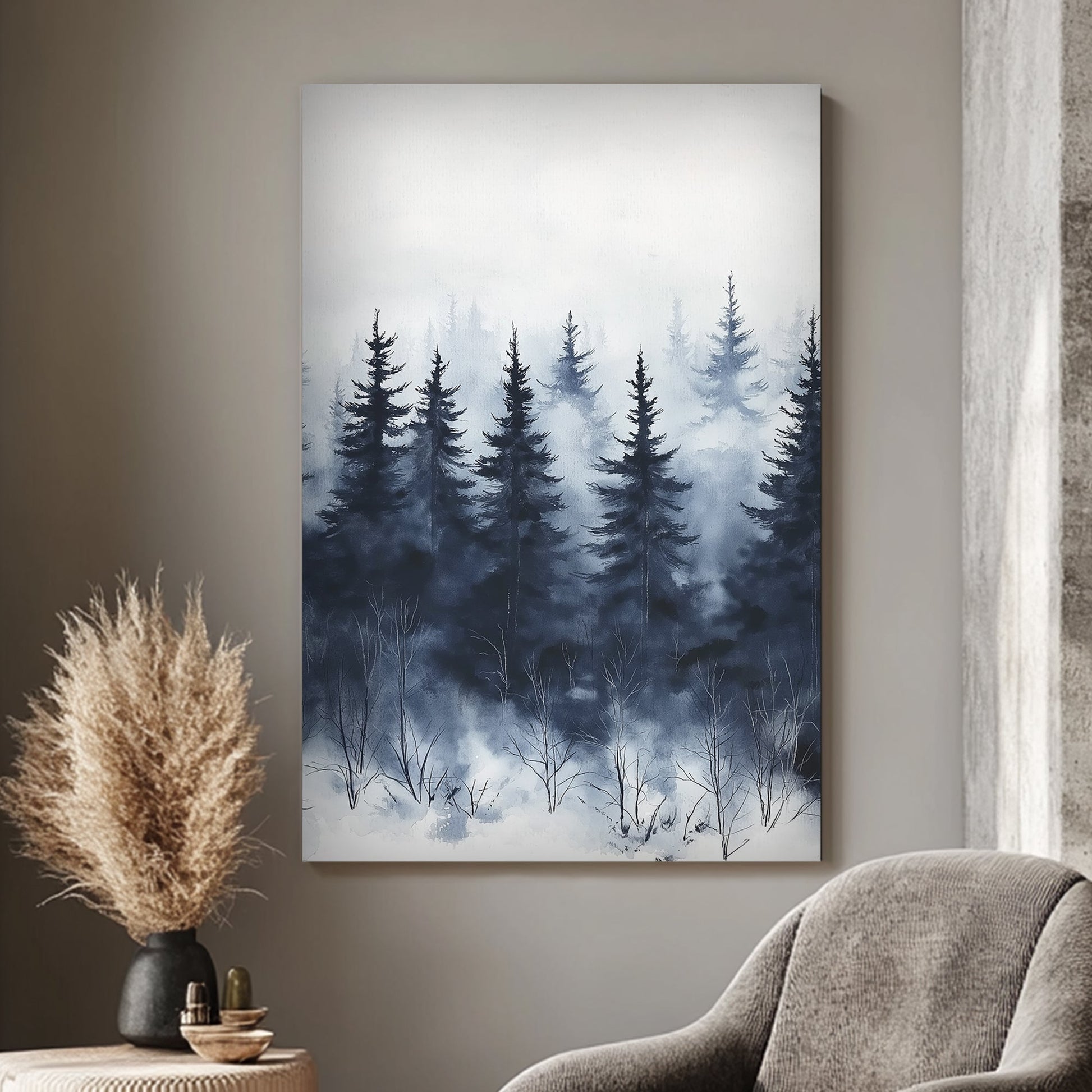 Misty pine forest in a snowy winter landscape, painted in watercolour.