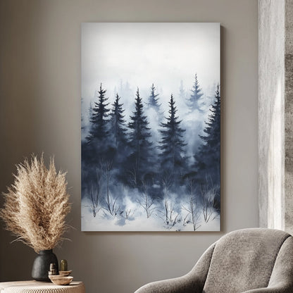 Misty pine forest in a snowy winter landscape, painted in watercolour.