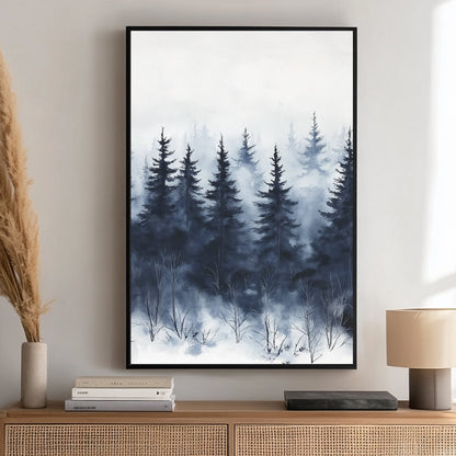 Misty pine forest in a snowy winter landscape, painted in watercolour.