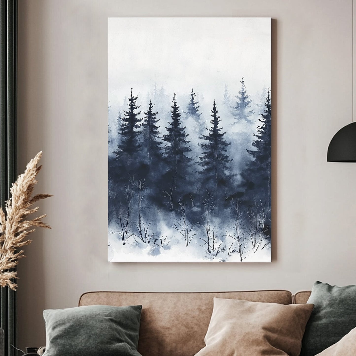 Misty pine forest in a snowy winter landscape, painted in watercolour.