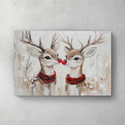 Two red-nosed reindeer in red scarves painted in an oil style, set in a snowy forest.