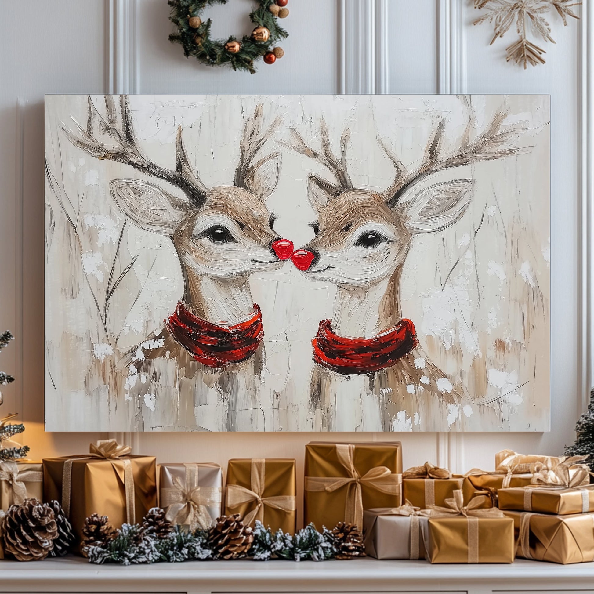 Two red-nosed reindeer in red scarves painted in an oil style, set in a snowy forest.