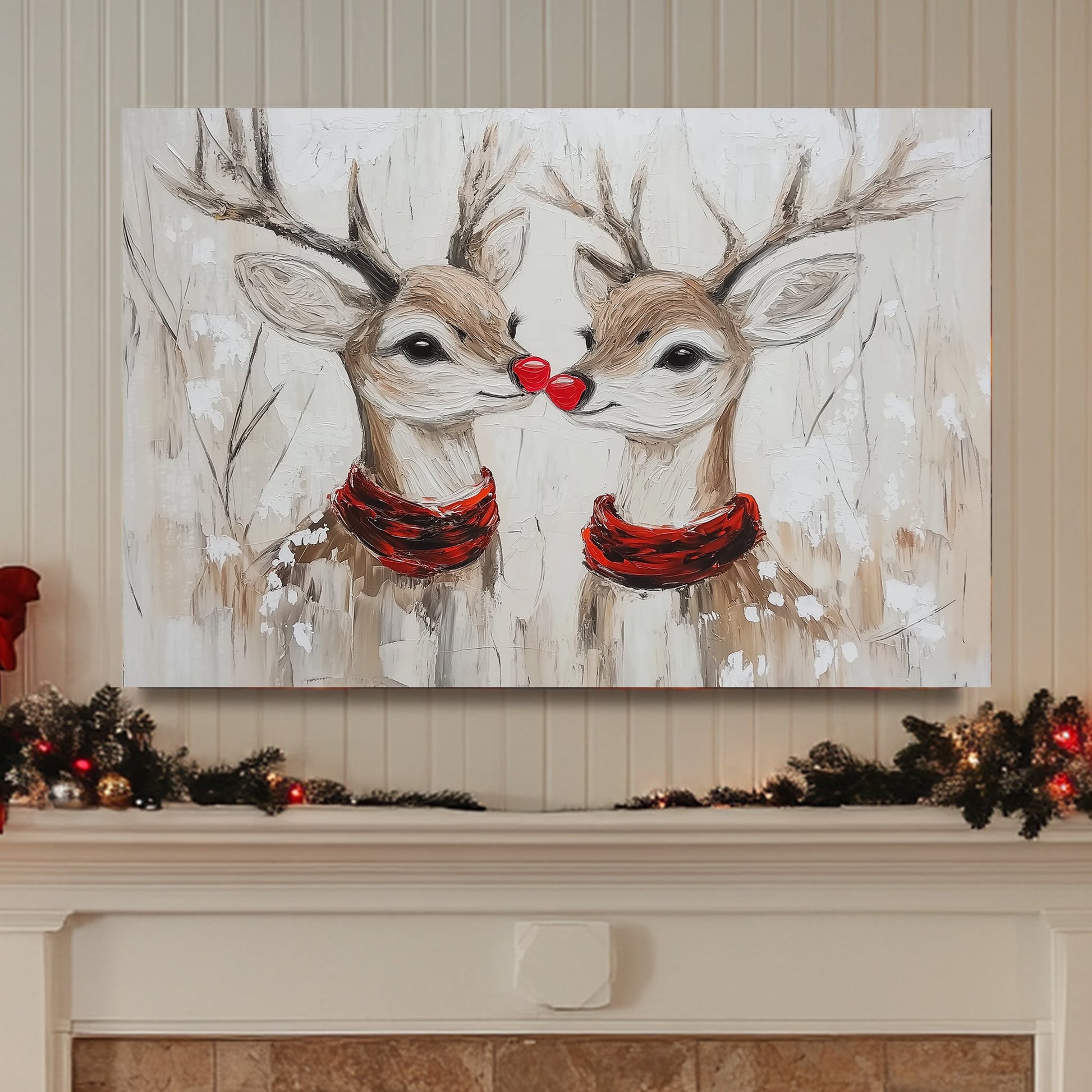 Two red-nosed reindeer in red scarves painted in an oil style, set in a snowy forest.