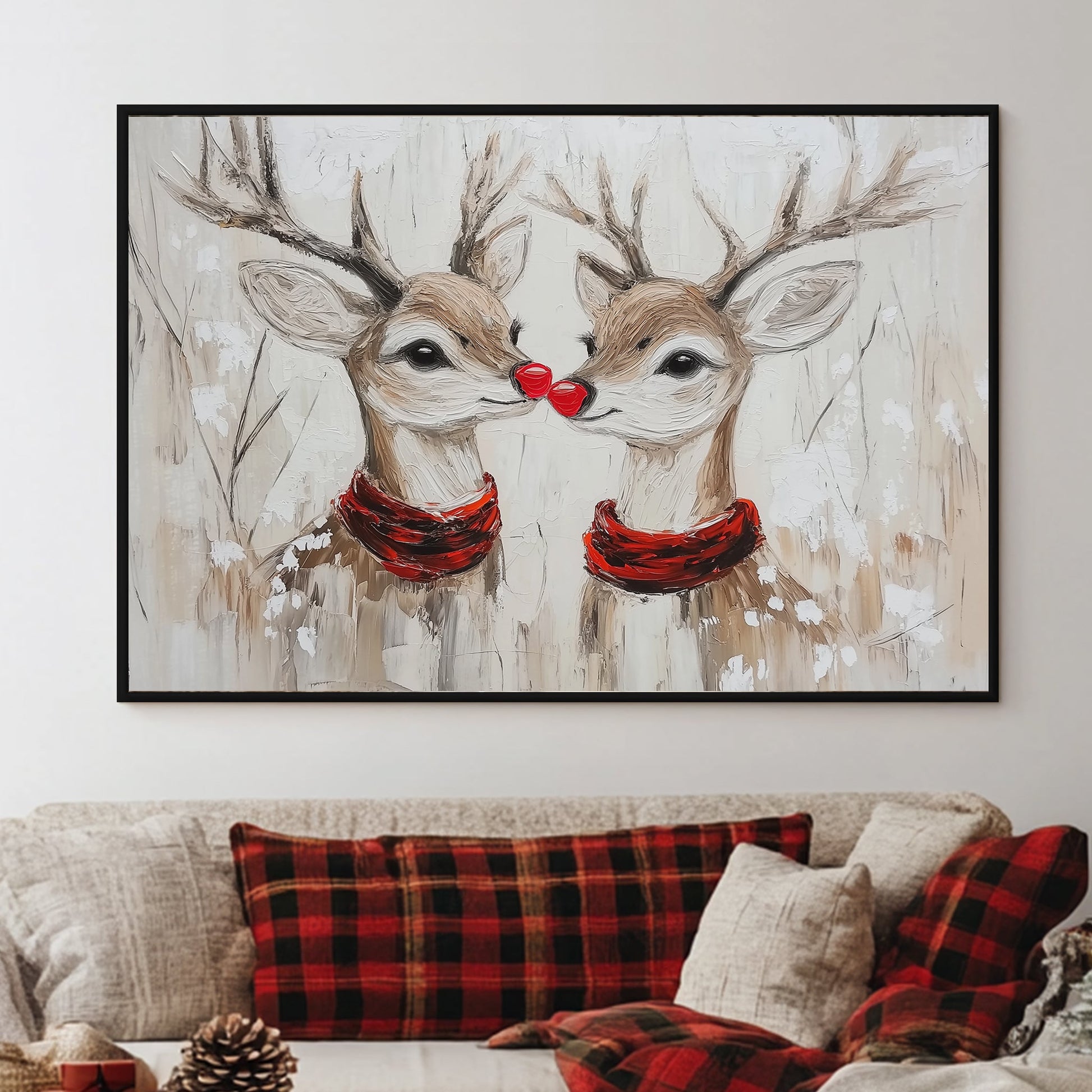 Two red-nosed reindeer in red scarves painted in an oil style, set in a snowy forest.