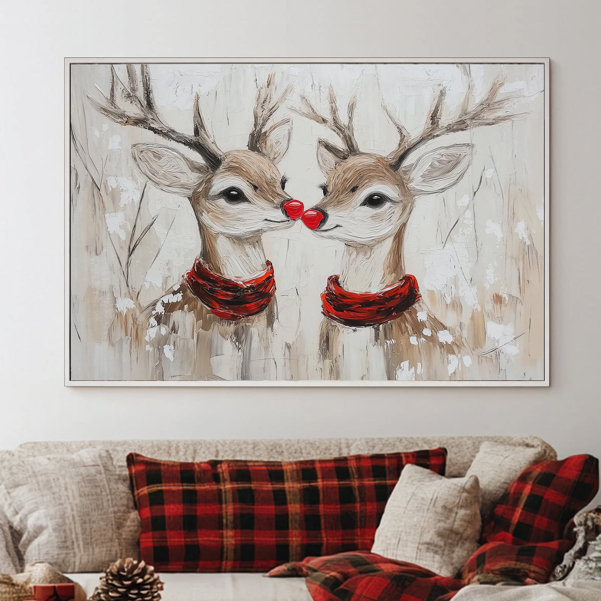 Two red-nosed reindeer in red scarves painted in an oil style, set in a snowy forest.