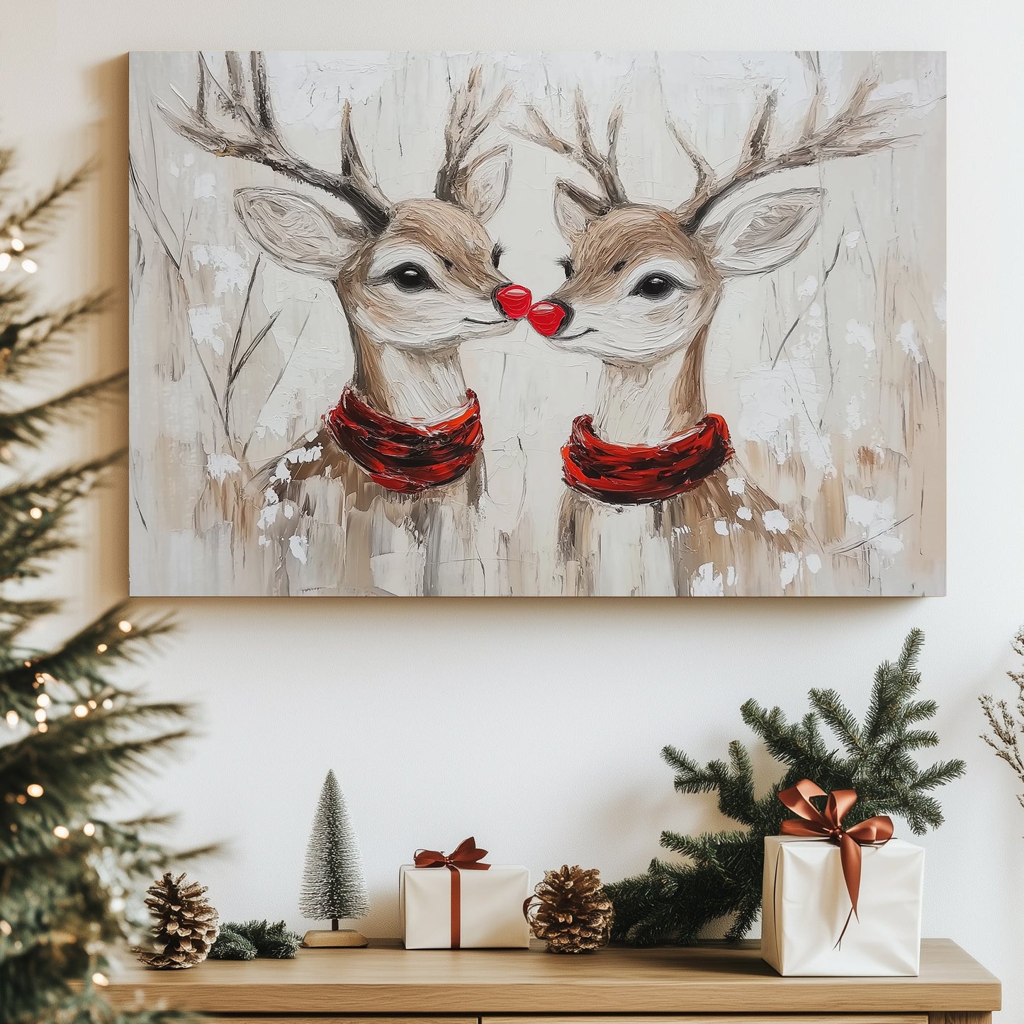 Two red-nosed reindeer in red scarves painted in an oil style, set in a snowy forest.