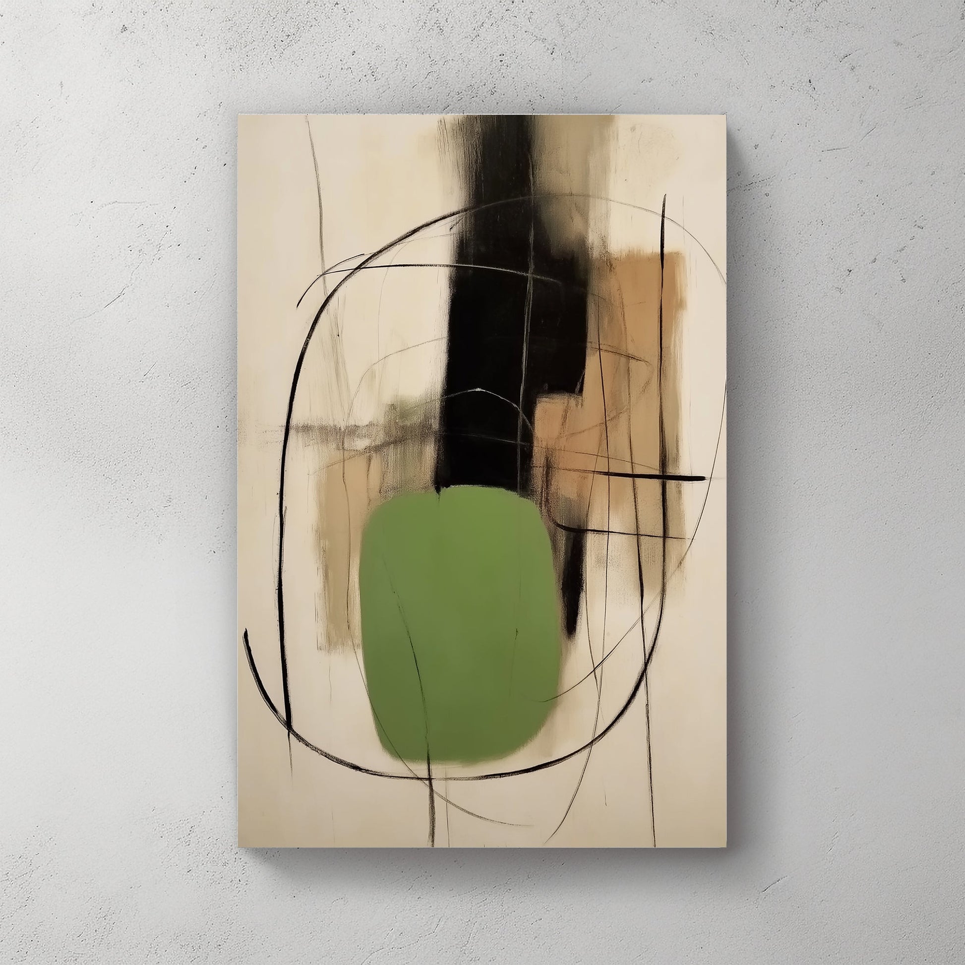 An abstract composition of earthy tones intersected by bold black lines and a grounding green shape. Perfect for modern decor. canvas wall art portrait landscape