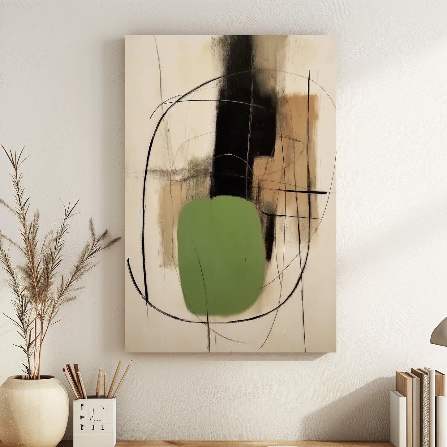 An abstract composition of earthy tones intersected by bold black lines and a grounding green shape. Perfect for modern decor. canvas wall art portrait landscape