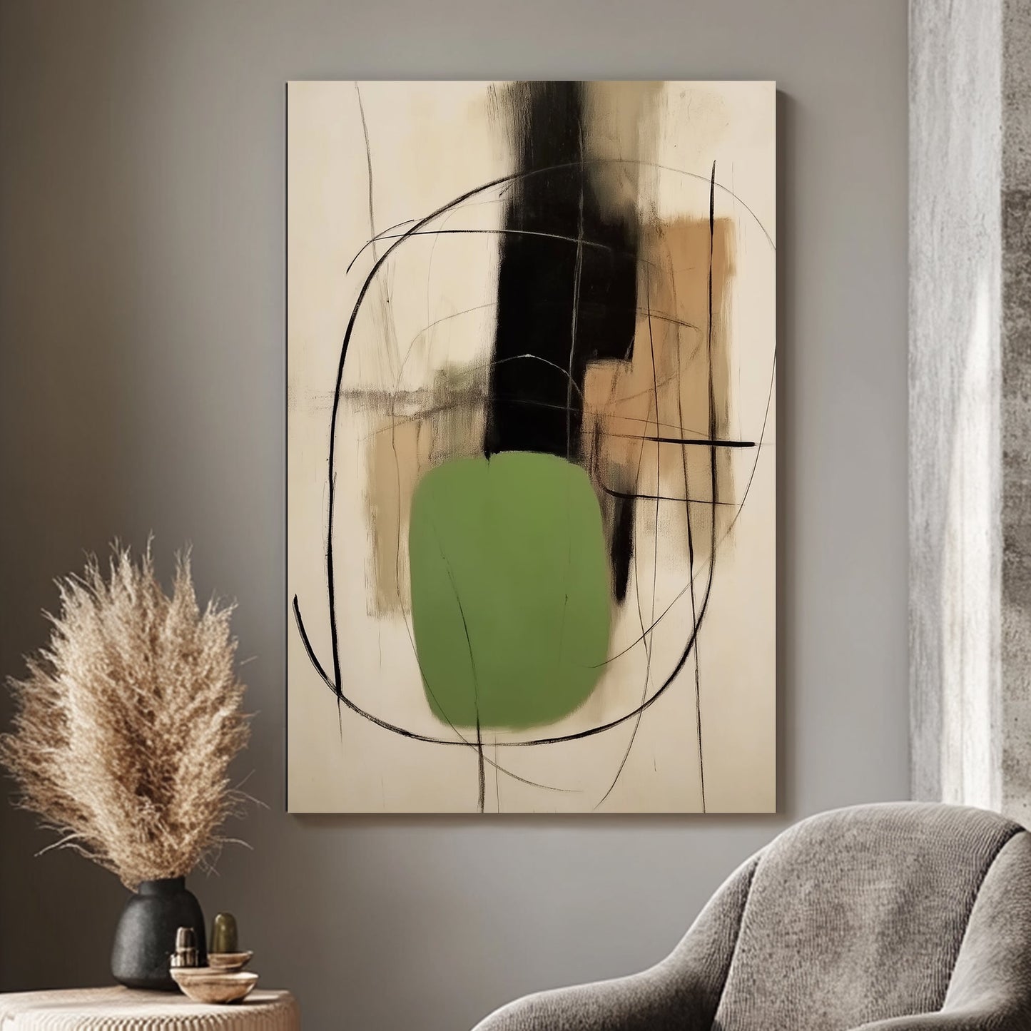 An abstract composition of earthy tones intersected by bold black lines and a grounding green shape. Perfect for modern decor. canvas wall art portrait landscape