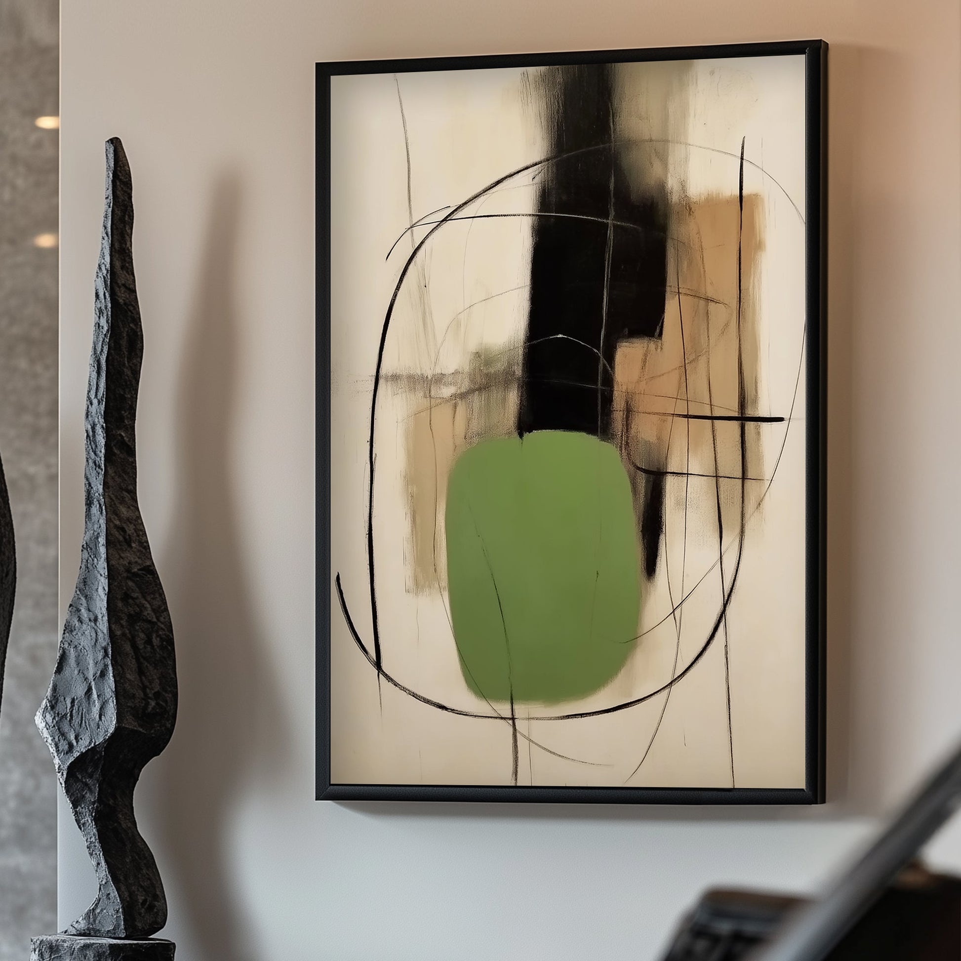 An abstract composition of earthy tones intersected by bold black lines and a grounding green shape. Perfect for modern decor. canvas wall art portrait landscape