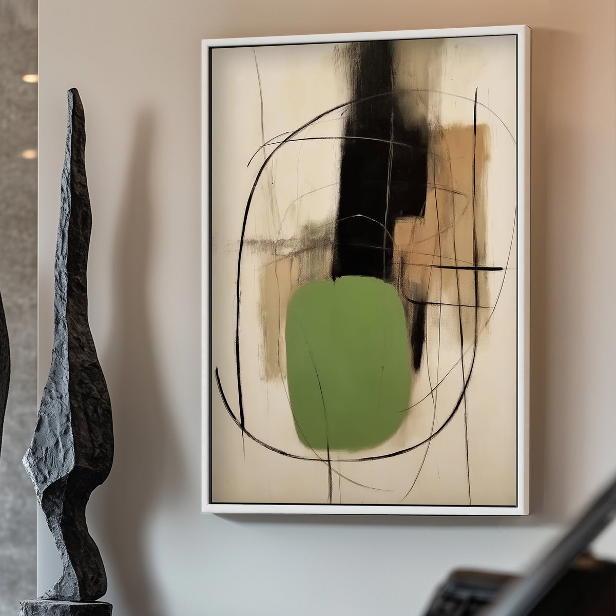 An abstract composition of earthy tones intersected by bold black lines and a grounding green shape. Perfect for modern decor. canvas wall art portrait landscape