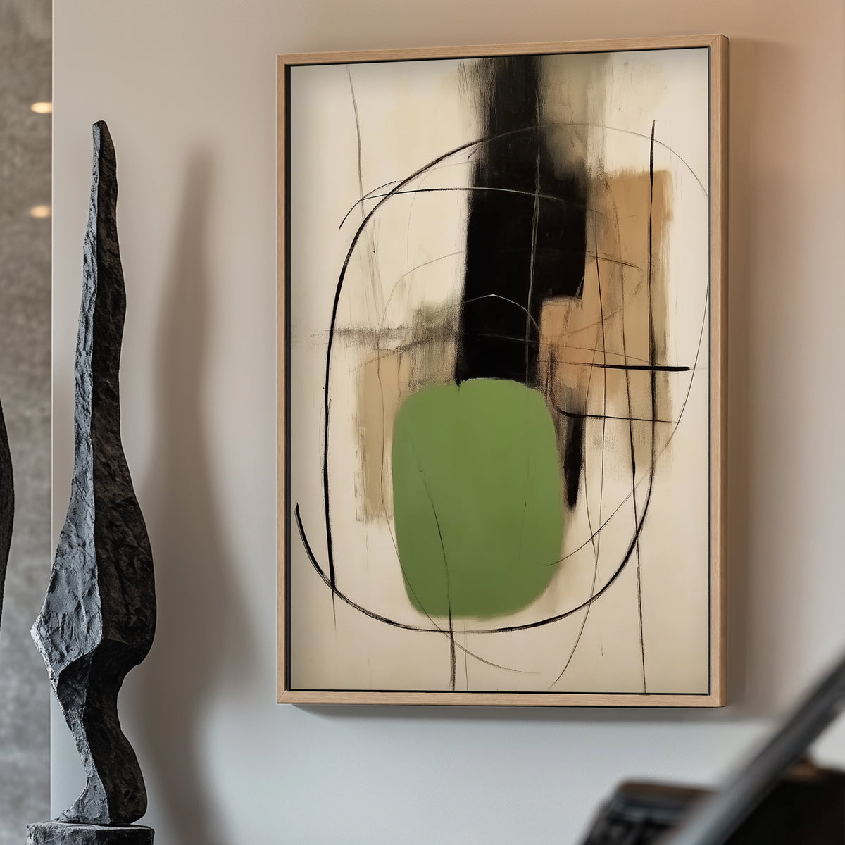 An abstract composition of earthy tones intersected by bold black lines and a grounding green shape. Perfect for modern decor. canvas wall art portrait landscape
