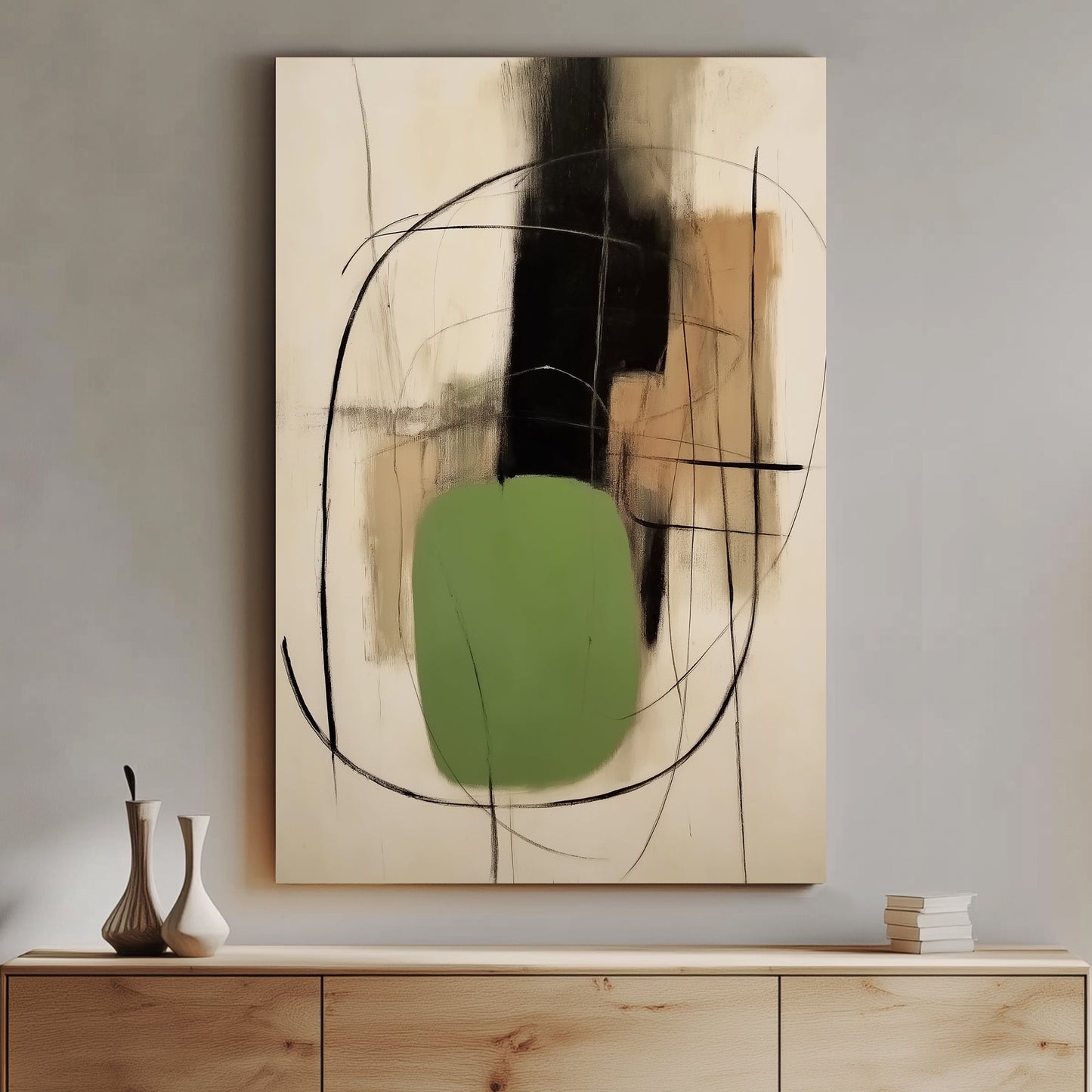 An abstract composition of earthy tones intersected by bold black lines and a grounding green shape. Perfect for modern decor. canvas wall art portrait landscape