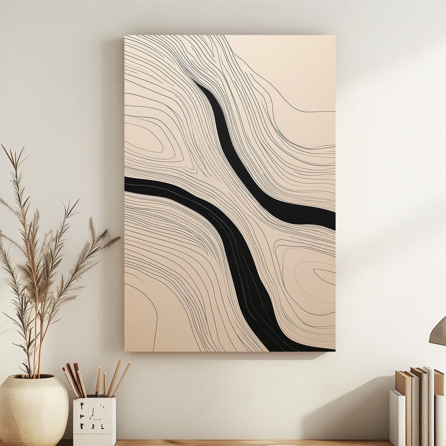 Featuring elegant, undulating lines in a minimalist design, this artwork captures fluidity. Perfect for modern decor. canvas wall art abstract portrait landscape