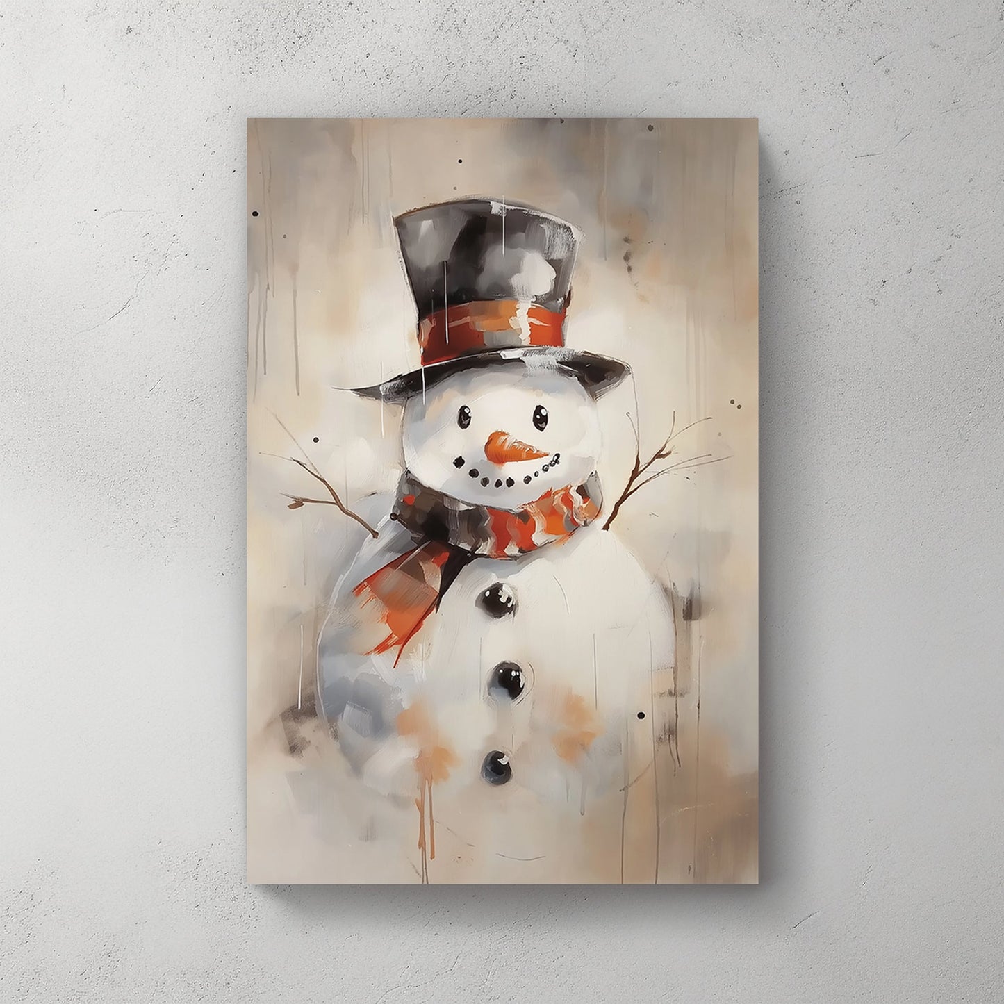 Artistic snowman with a black top hat and plaid scarf, painted in a modern, abstract style.