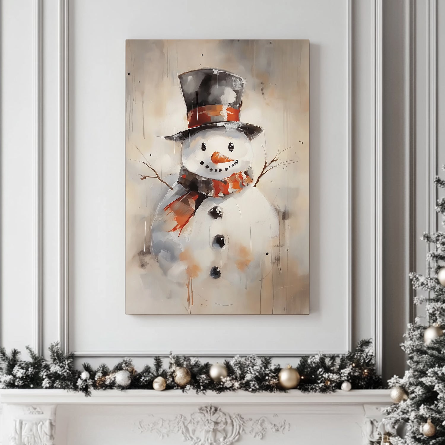 Artistic snowman with a black top hat and plaid scarf, painted in a modern, abstract style.