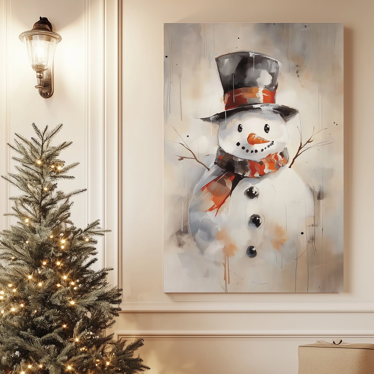 Artistic snowman with a black top hat and plaid scarf, painted in a modern, abstract style.