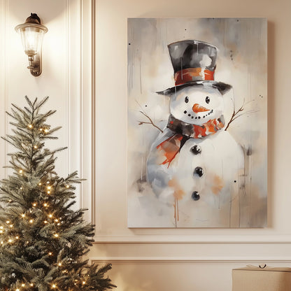 Artistic snowman with a black top hat and plaid scarf, painted in a modern, abstract style.