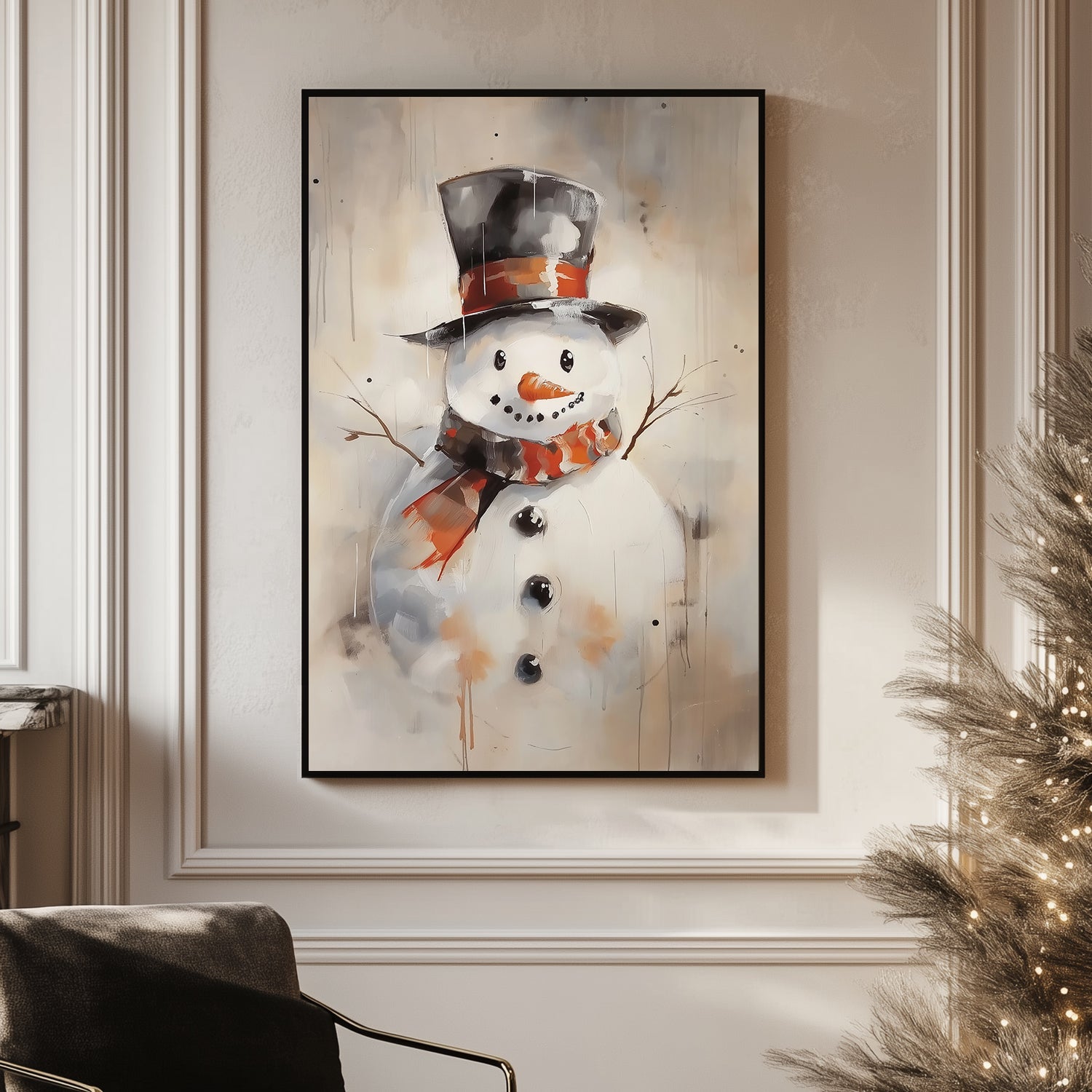 Artistic snowman with a black top hat and plaid scarf, painted in a modern, abstract style.