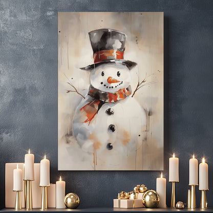 Artistic snowman with a black top hat and plaid scarf, painted in a modern, abstract style.