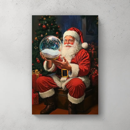 Santa Claus holding a glowing snow globe, sitting next to a Christmas tree with presents, capturing the holiday spirit.