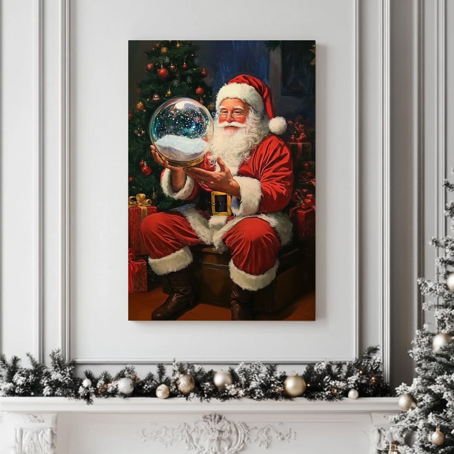 Santa Claus holding a glowing snow globe, sitting next to a Christmas tree with presents, capturing the holiday spirit.