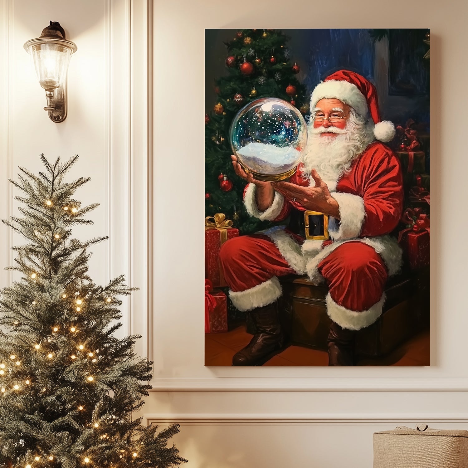 Santa Claus holding a glowing snow globe, sitting next to a Christmas tree with presents, capturing the holiday spirit.