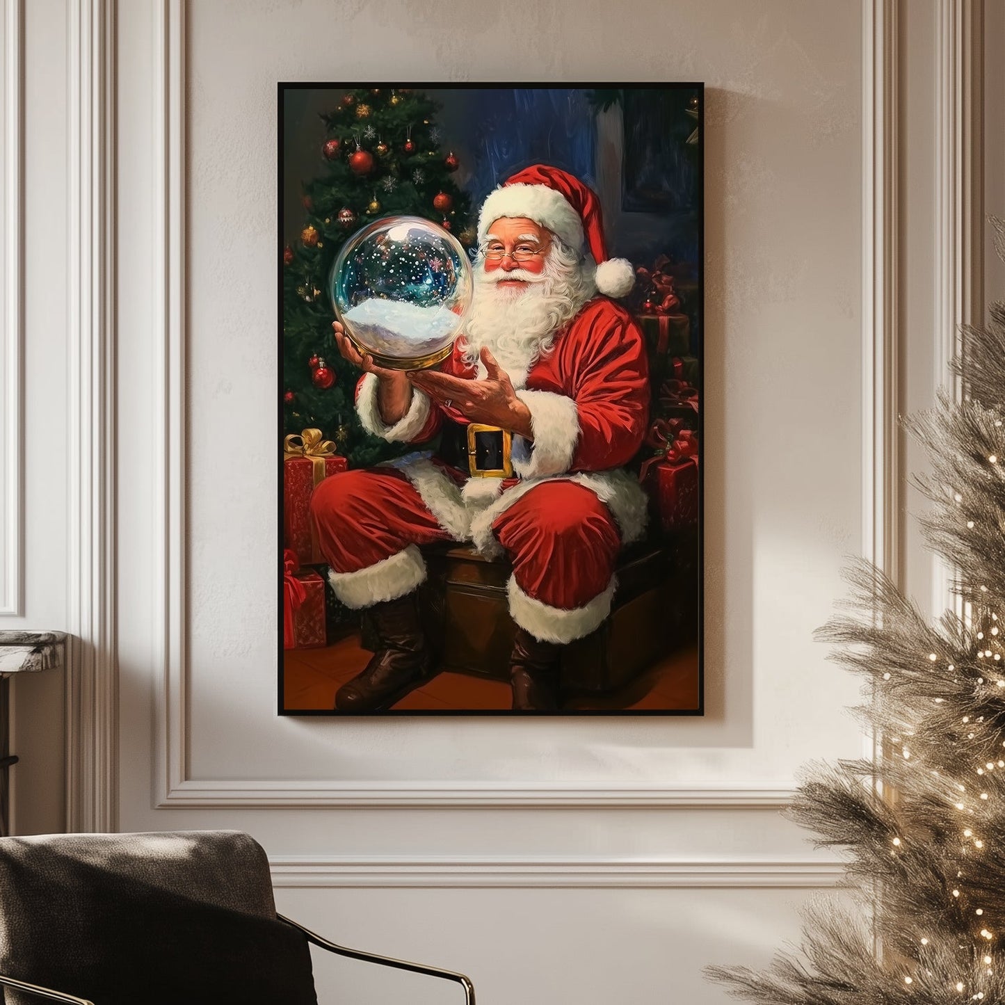 Santa Claus holding a glowing snow globe, sitting next to a Christmas tree with presents, capturing the holiday spirit.