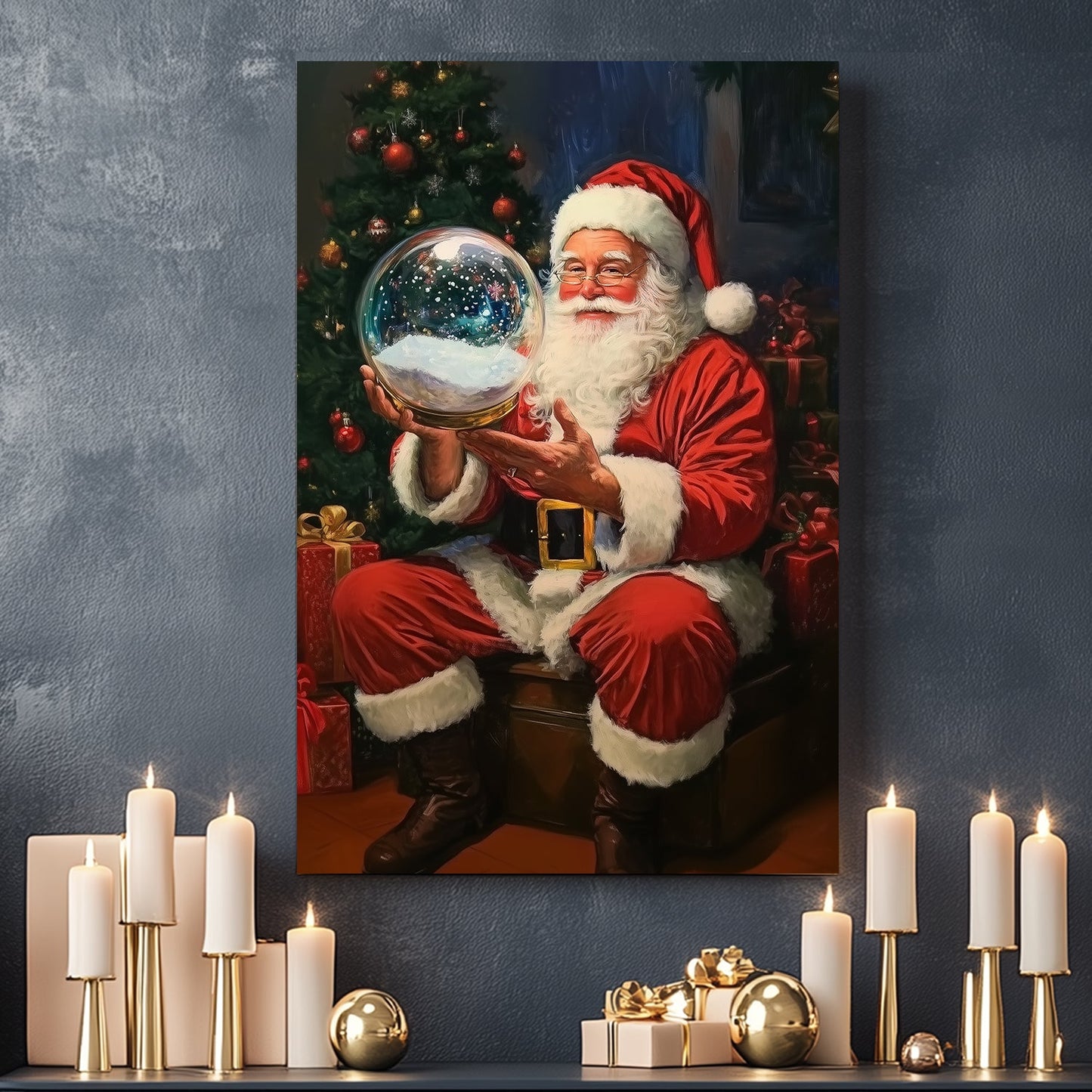 Santa Claus holding a glowing snow globe, sitting next to a Christmas tree with presents, capturing the holiday spirit.