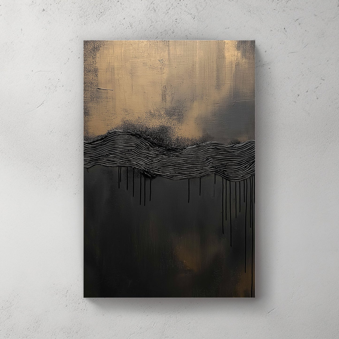 This abstract piece blends deep black textures with hints of bronze, evoking the mystery of a distance. Perfect for modern decor. canvas wall art portrait landscape