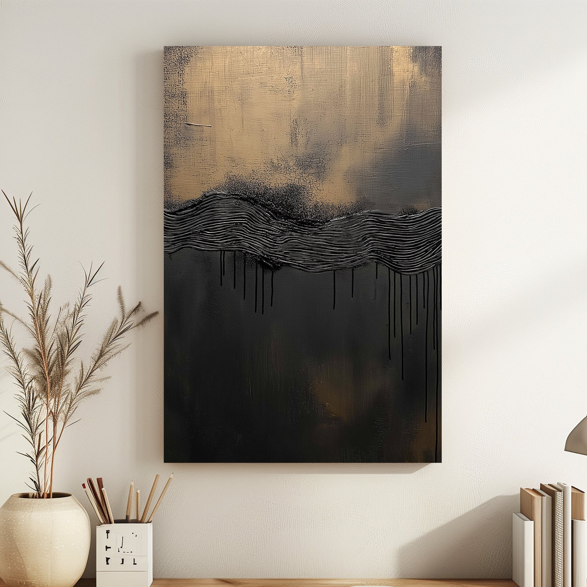 This abstract piece blends deep black textures with hints of bronze, evoking the mystery of a distance. Perfect for modern decor. canvas wall art portrait landscape