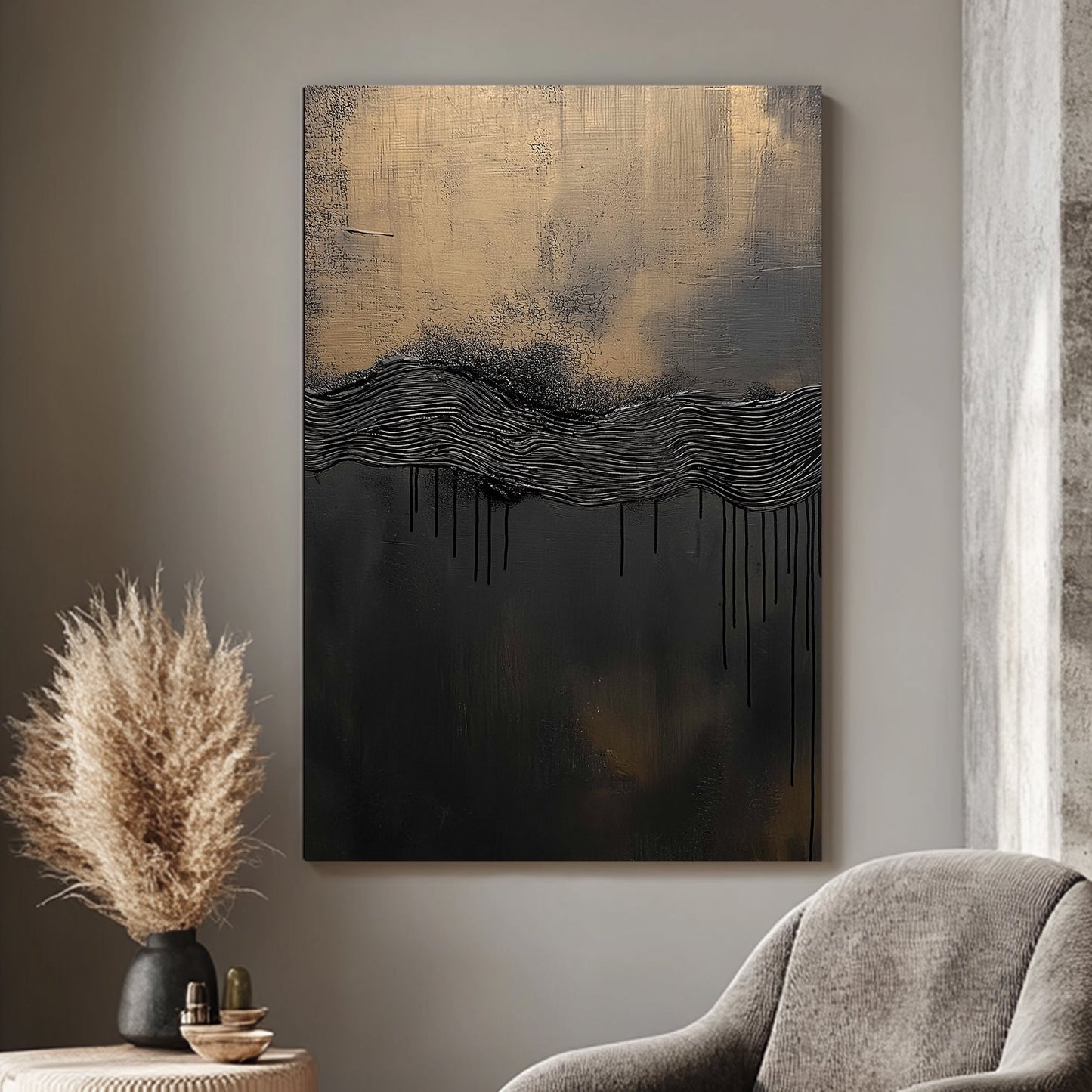 This abstract piece blends deep black textures with hints of bronze, evoking the mystery of a distance. Perfect for modern decor. canvas wall art portrait landscape