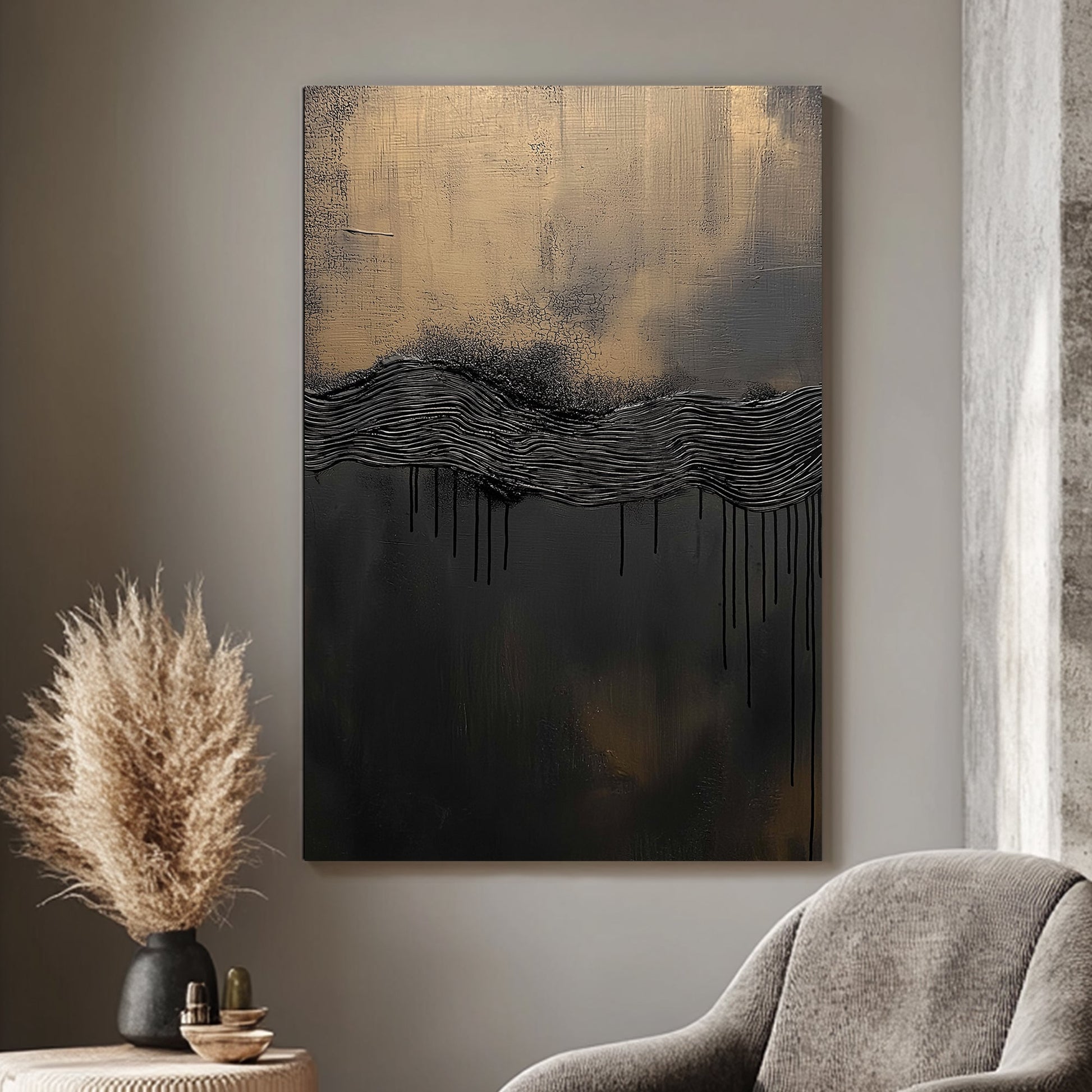 This abstract piece blends deep black textures with hints of bronze, evoking the mystery of a distance. Perfect for modern decor. canvas wall art portrait landscape