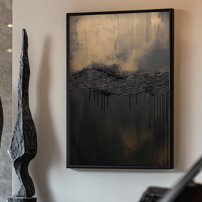 This abstract piece blends deep black textures with hints of bronze, evoking the mystery of a distance. Perfect for modern decor. canvas wall art portrait landscape