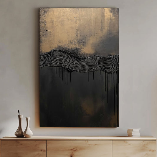 This abstract piece blends deep black textures with hints of bronze, evoking the mystery of a distance. Perfect for modern decor. canvas wall art portrait landscape