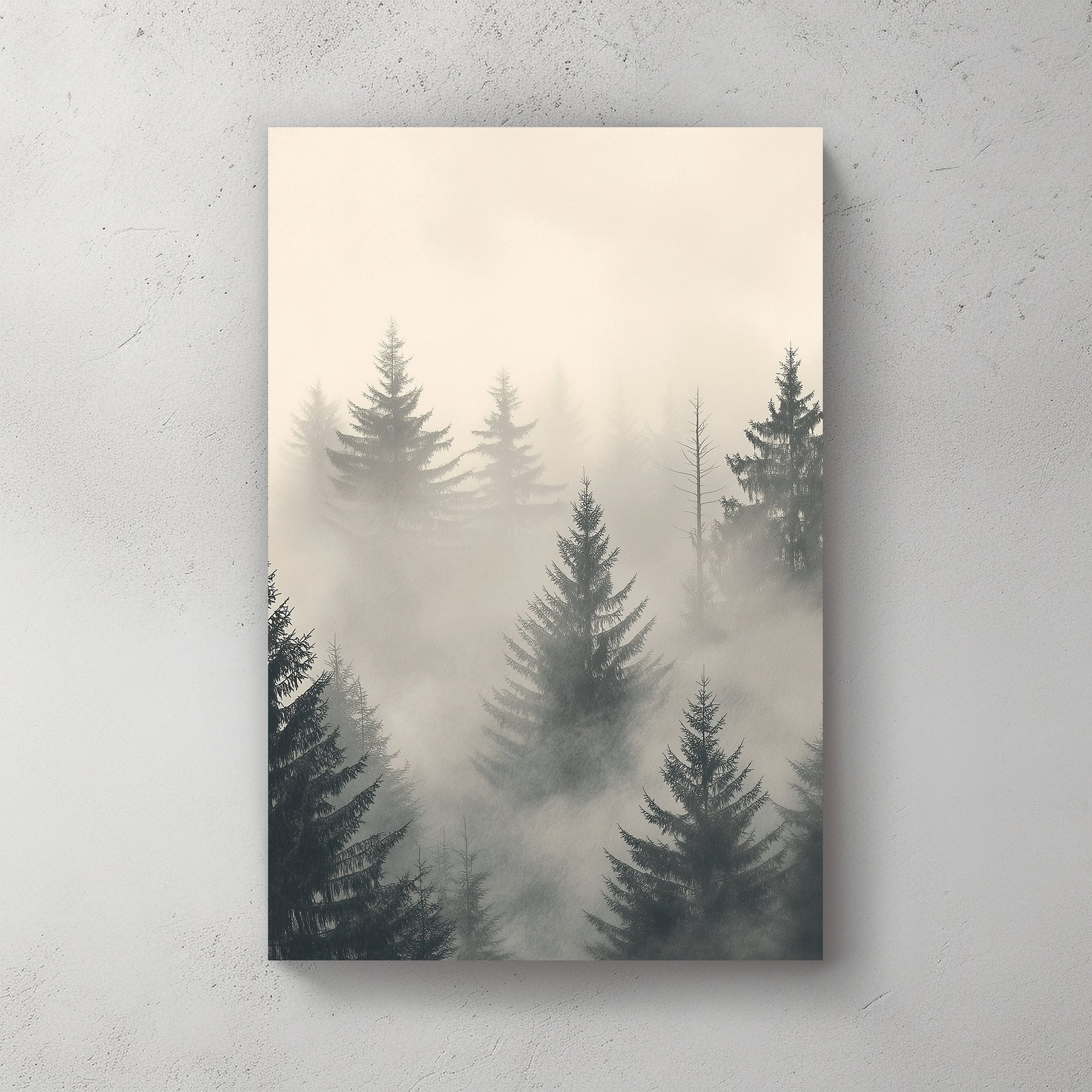 Misty evergreen forest with soft neutral tones, creating a serene and tranquil atmosphere.