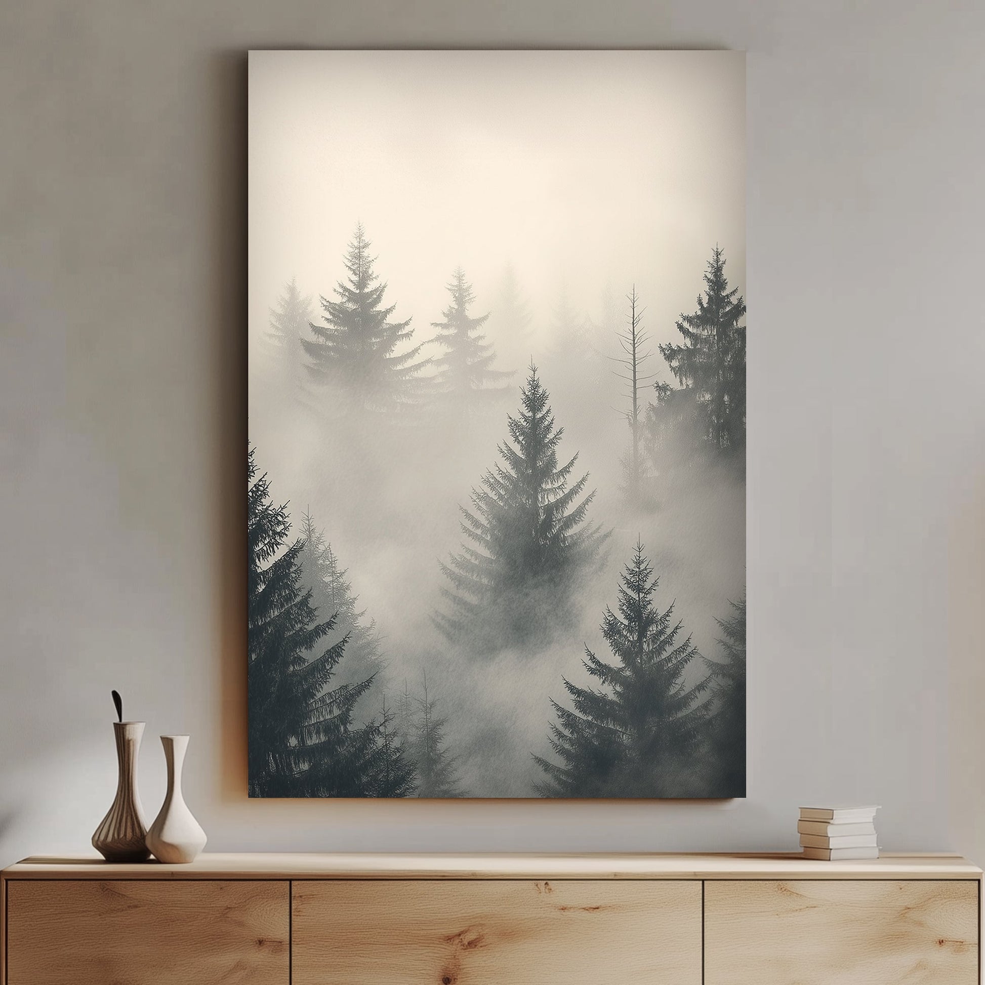 Misty evergreen forest with soft neutral tones, creating a serene and tranquil atmosphere.