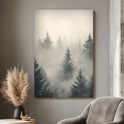 Misty evergreen forest with soft neutral tones, creating a serene and tranquil atmosphere.