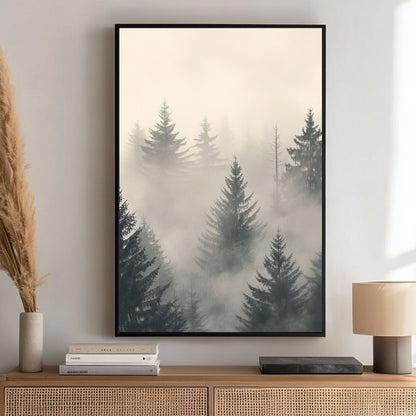 Misty evergreen forest with soft neutral tones, creating a serene and tranquil atmosphere.