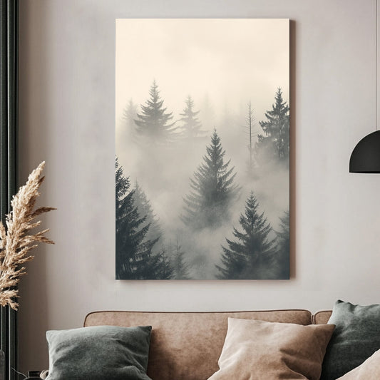 Misty evergreen forest with soft neutral tones, creating a serene and tranquil atmosphere.