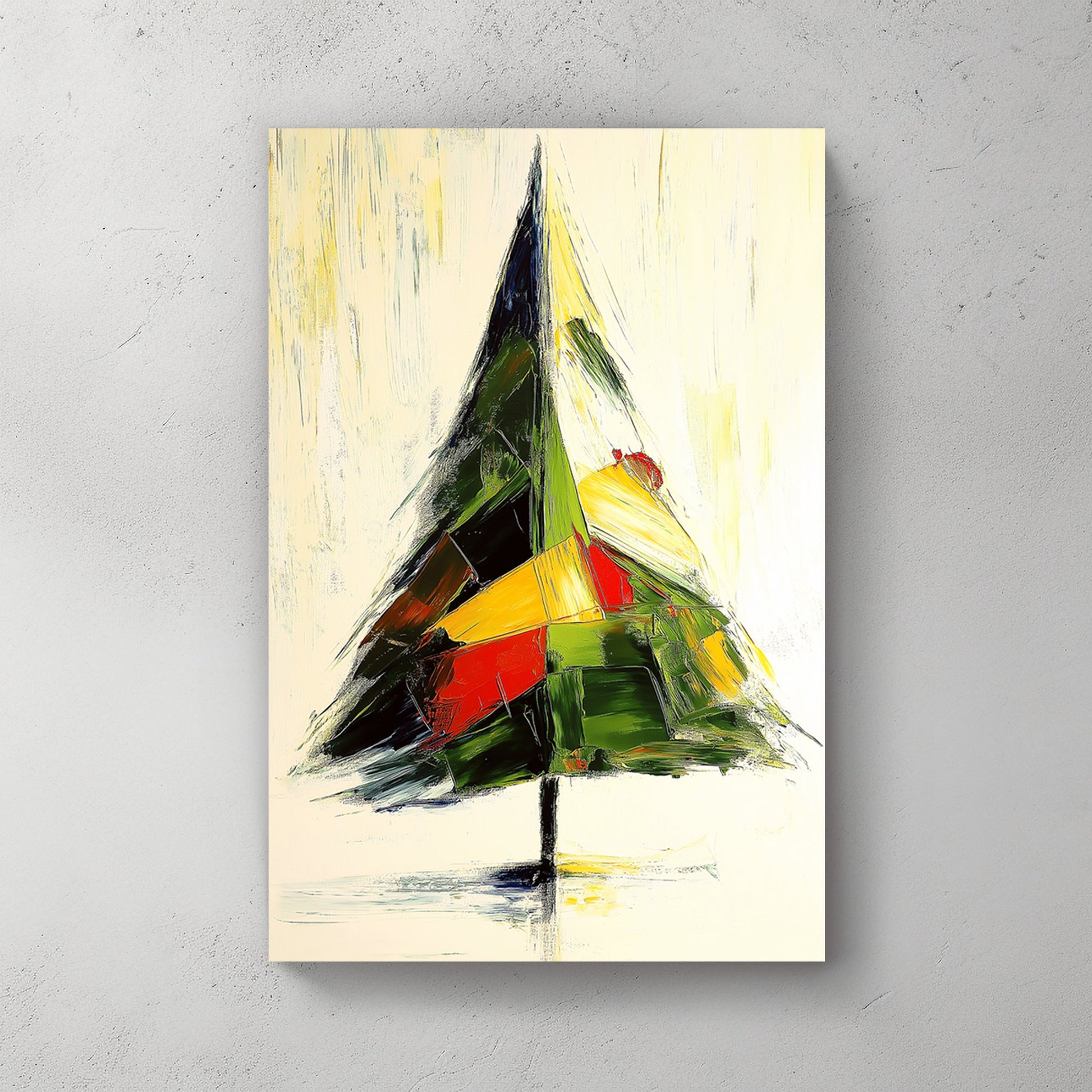 Abstract painting of a holiday tree with bold green, red, and yellow brushstrokes on a light background.