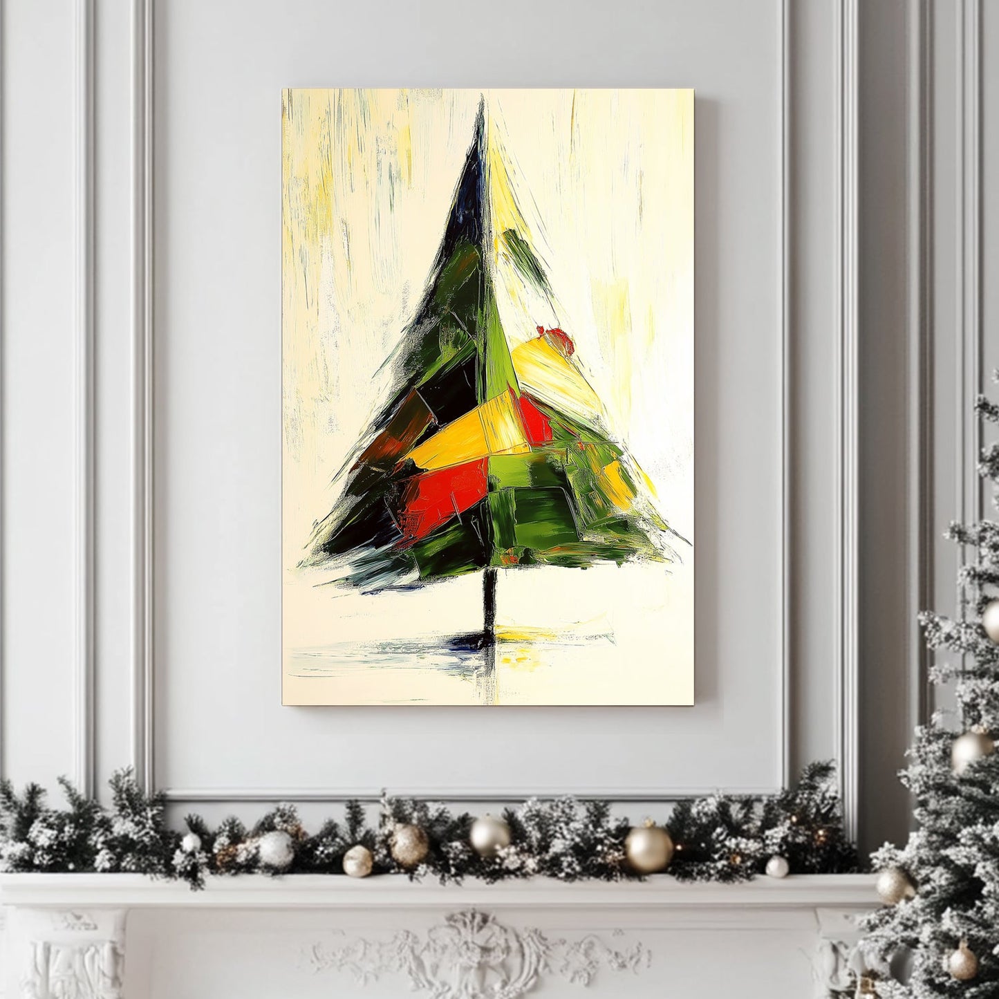 Abstract painting of a holiday tree with bold green, red, and yellow brushstrokes on a light background.