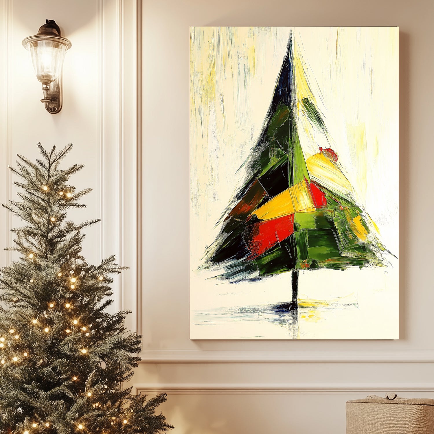 Abstract painting of a holiday tree with bold green, red, and yellow brushstrokes on a light background.